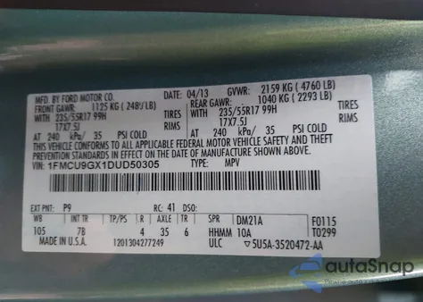 2013 Ford Escape Se из США, поврежденный, VIN 1FMCU9GX1DUD50305